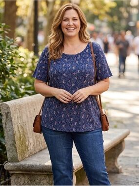 White Stag Floral Cottagecore Top XXL 20 100% Cotton Navy Blue Short Sleeve